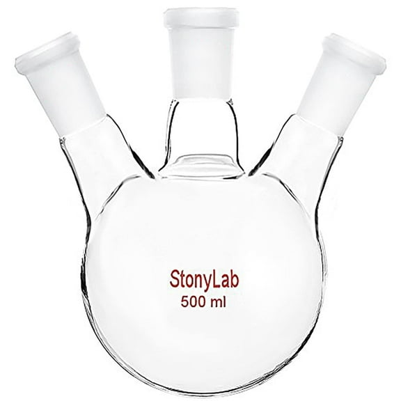 StonyLab 500 ml Borosilicate Glass 3-Neck Round Bottom Flask, 24/40 Standard Taper Joints