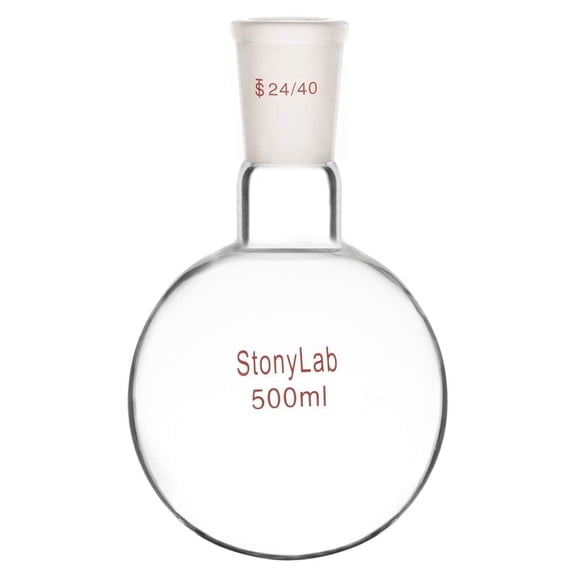 StonyLab 500ml Round Bottom Single Neck Lab Flask, Clear Heat‑resistant Borosilicate Glass with 24/40 Joint