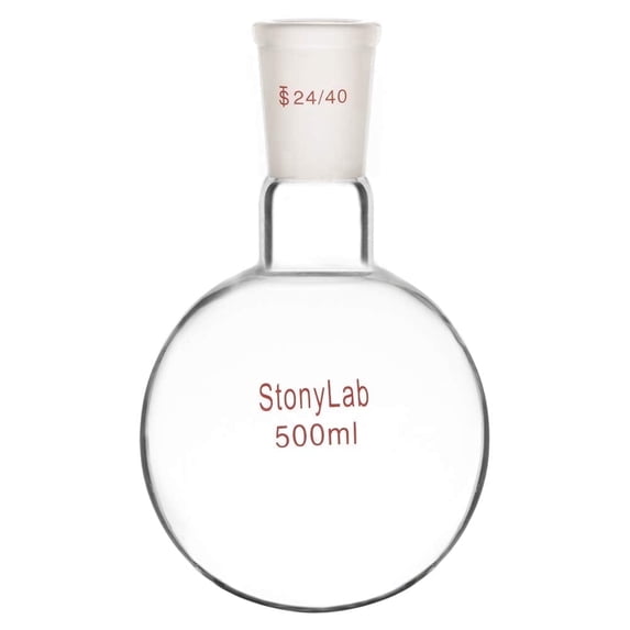 StonyLab 500ml Round Bottom Single Neck Lab Flask, Clear Heat‑resistant Borosilicate Glass with 24/40 Joint