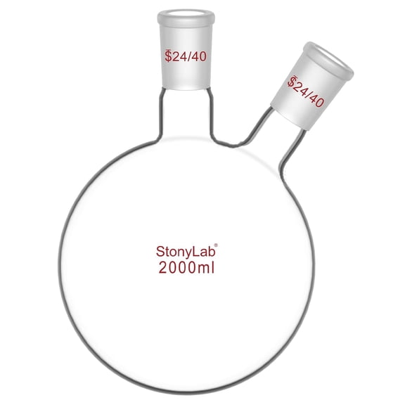 StonyLab 2000ml 2-Neck Round Bottom Flask, Borosilicate Glass, 24/40 Joints, Lab Glassware