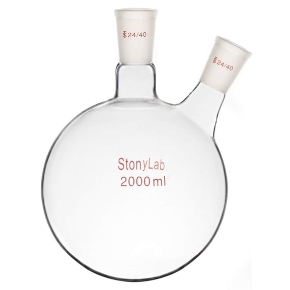 StonyLab 2000ml 2-Neck Round Bottom Flask, Borosilicate Glass, 24/40 Joints, Lab Glassware