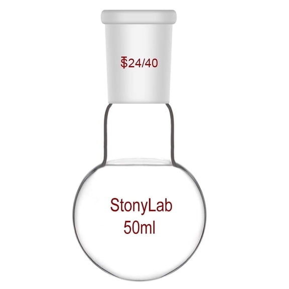 StonyLab Heavy Wall Single Neck Round Bottom Flask, 50ml Clear Glass, 24/40 Joint, Heat-Resistant Lab Flask