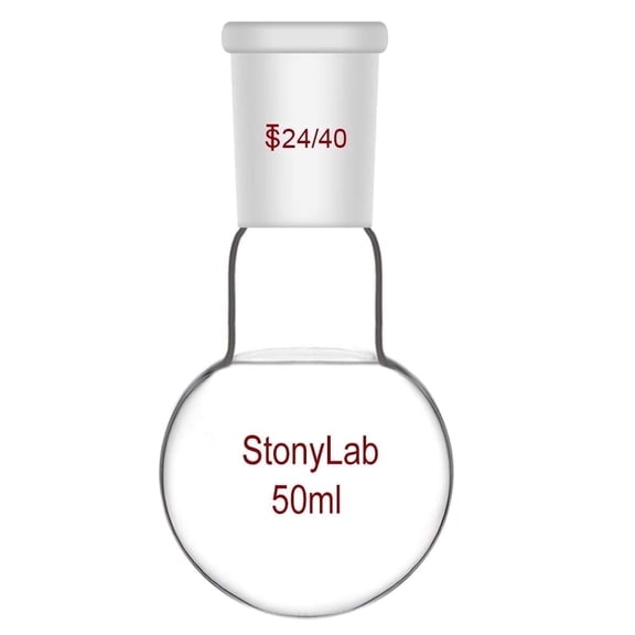 StonyLab 50ml Round Bottom Single Neck Lab Flask, Clear Heat‑resistant Borosilicate Glass with 24/40 Joint