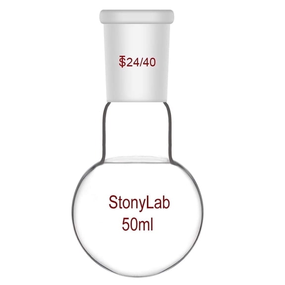 StonyLab Round Bottom Single Neck Heavy Wall Lab Flask, 50ml Clear Heat‑Resistant Borosilicate Glass with 24/40 Standard Joint
