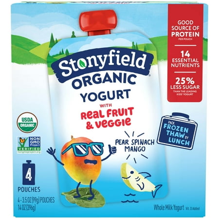 Stonyfield Organic Kids Pear Spinach Mango Whole Milk Yogurt Pouches, 3.5oz, 4 Count