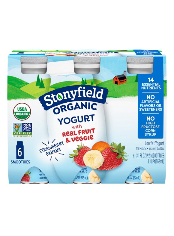Stonyfield Organic Lowfat Yogurt Smoothies, Strawberry Banana, 3.1 fl. oz., 6 Count