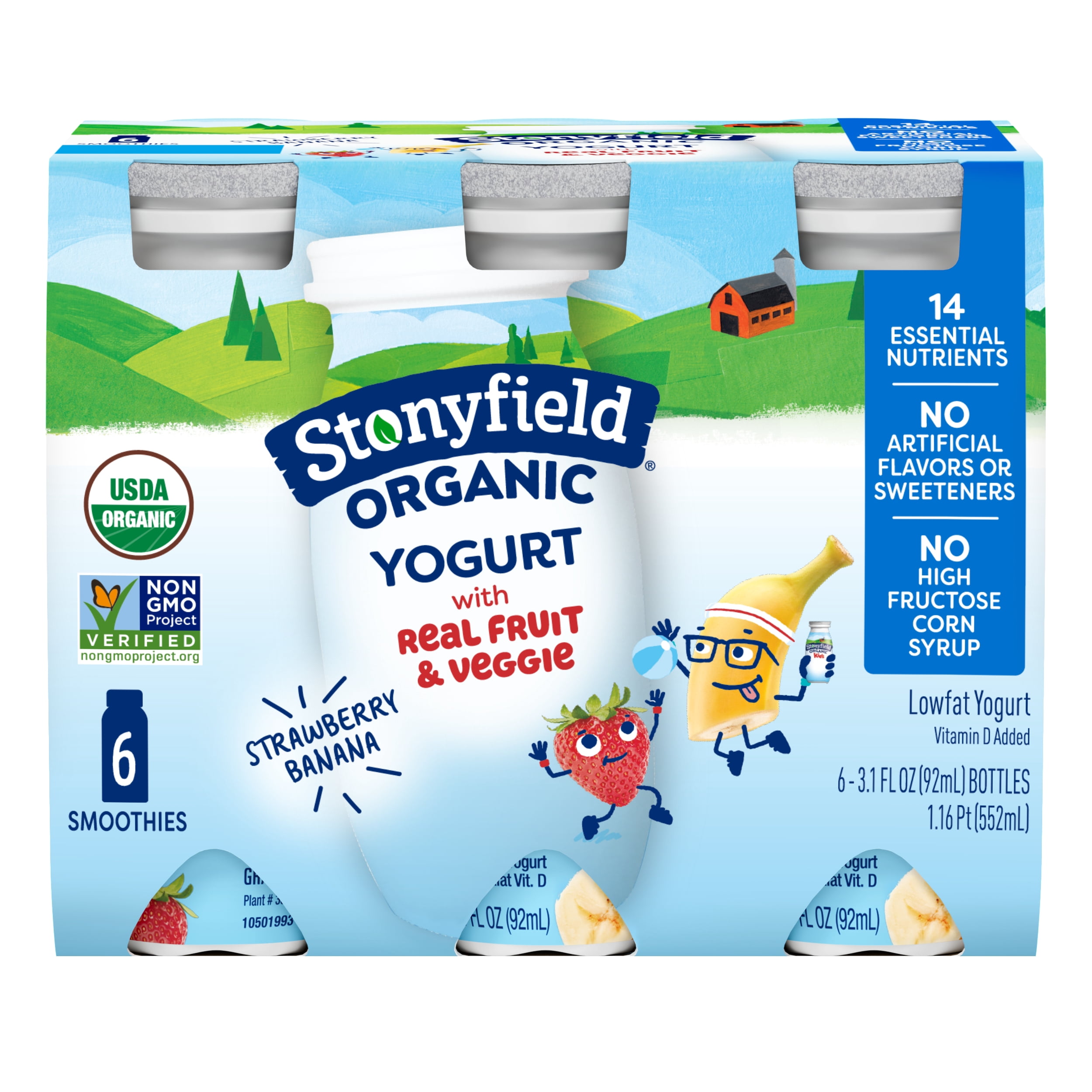 Stonyfield Organic Lowfat Yogurt Smoothies, Strawberry Banana, 3.1 fl. oz., 6 Count