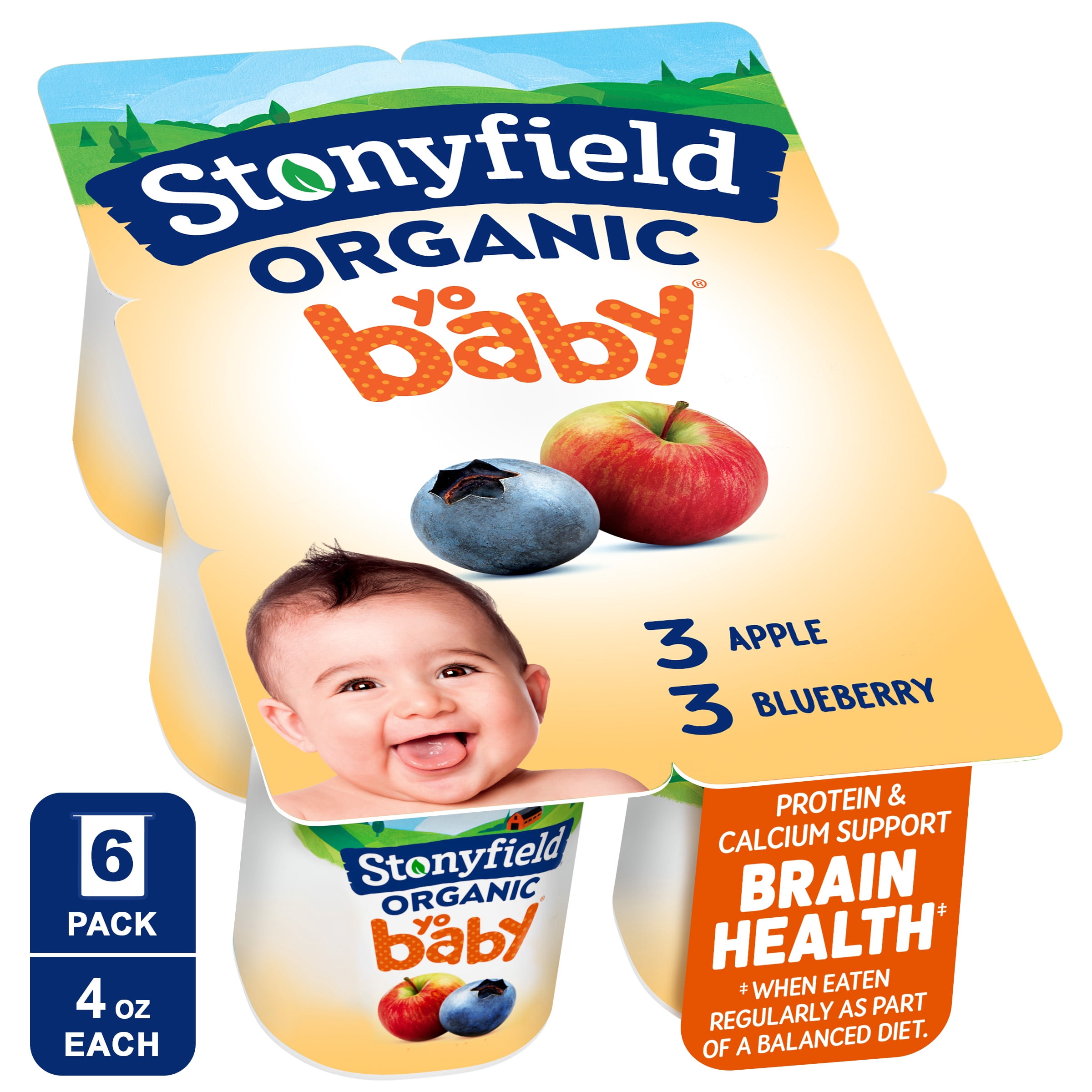 Stonyfield Organic YoBaby Apple & Blueberry Whole Milk Baby Yogurt, 4 oz Cups, 6 ct Pack