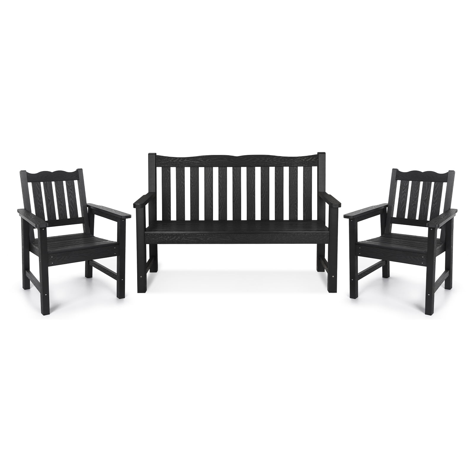 Stoog Outdoor Bench and Chairs Set of 3, Porch Bench with 2 Patio Chairs, 800 lbs Capacity, All-Weather Outdoor Bench for Garden Backyard Park, Black