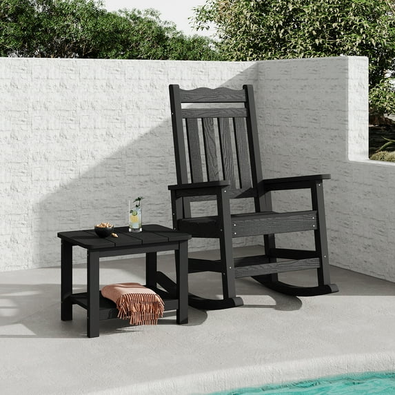 Stoog Outdoor Rocking Chair & Table set of 2, Porch Rocker with Table, 400Lbs Support HIPS Garden Rocker with High Back, Black
