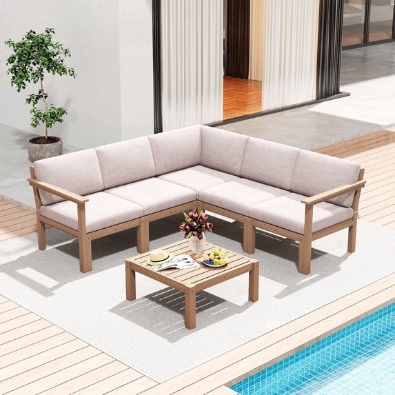 Stoog Patio Furniture Set, 6 Pcs Modern Outdoor Sofa Sets with Cushions, Outdoor Sectional Patio Conversation Set with Coffee Table for Backyard, Poolside, Oak