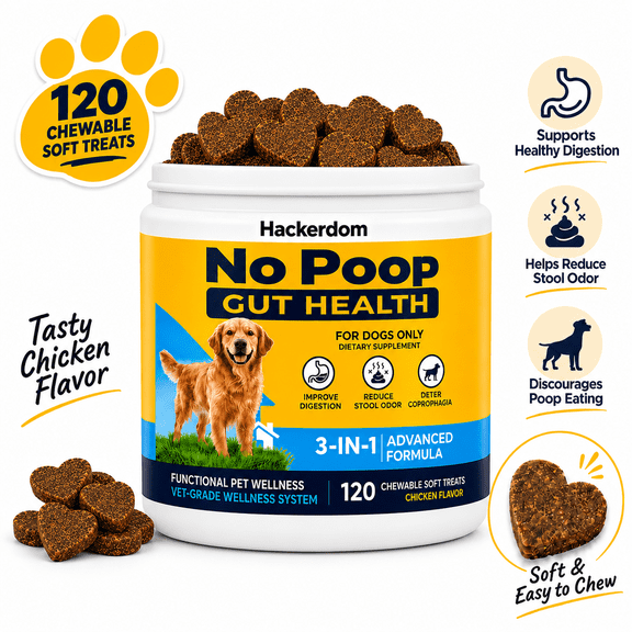 Hackerdom No Poop Chews for Dogs, Dog Poop Eating Deterrent Soft Chews, No Poo Chews for Digestive Support, Stool Odor Support, Chicken Flavor, 120 Count