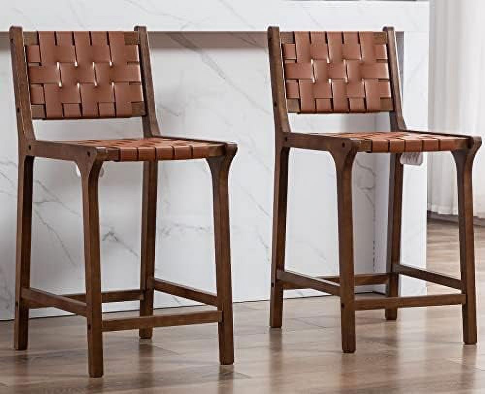 Stools 28 Inch Farmhouse Wood Barstools Faux Leather Woven Straps with