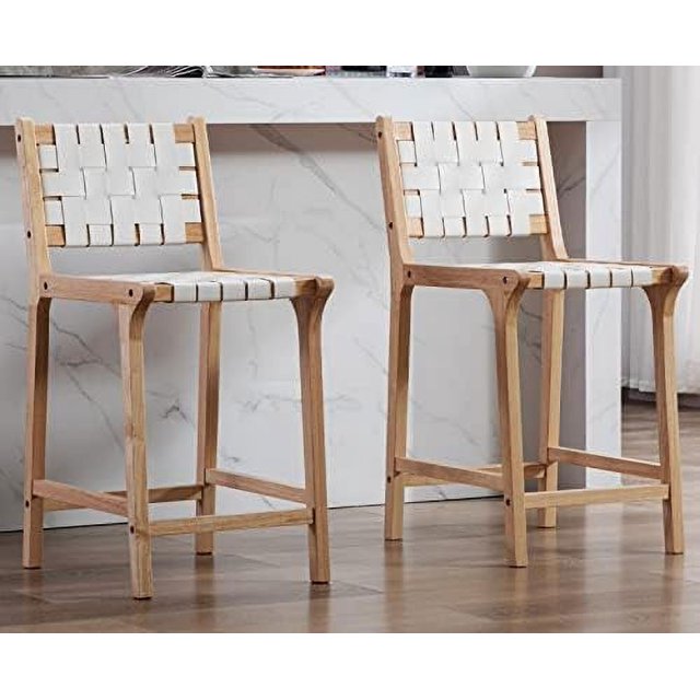 Stools 28 Inch Farmhouse Wood Barstools Faux Leather Woven Straps with