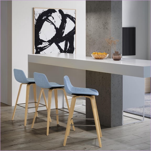 Stools: Mid-Century Modern Counter/Bar Height (Set of 2) Bentwood Denim Blue for Kitchen | Blue | Linen-look Fabric