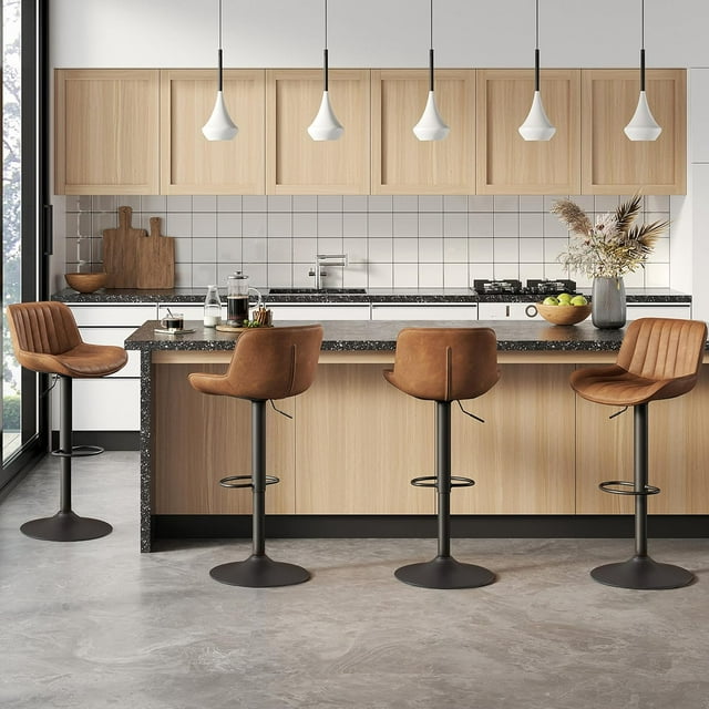 Stools, bar stools set of 4, Midcentury Modern faux leather rotating