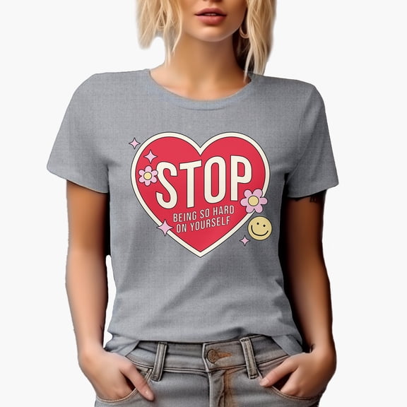 Stop Being Hard on Yourself Quote, Retro Self Love Art Merch Gift, Heather Grey T-Shirt, Medium