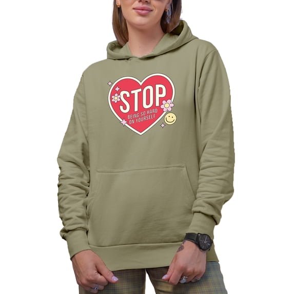 Stop Being Hard on Yourself Quote, Retro Self Love Art Merch Gift, Sand Hooded Sweatshirt or Hoodie, Small