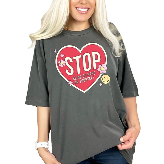 Stop Being Hard on Yourself Quote, Retro Self Love, Pepper Comfort Colors T-Shirt, Medium