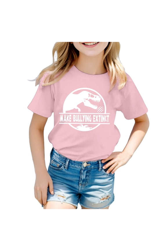 Stop Bullying Boys Graphic Letter Print Short Sleeve Tee Shirt Casual Blend Kids Top for Daily Play Crew Neck Unisex T Shirts Light Pink 3 Years-4 Years