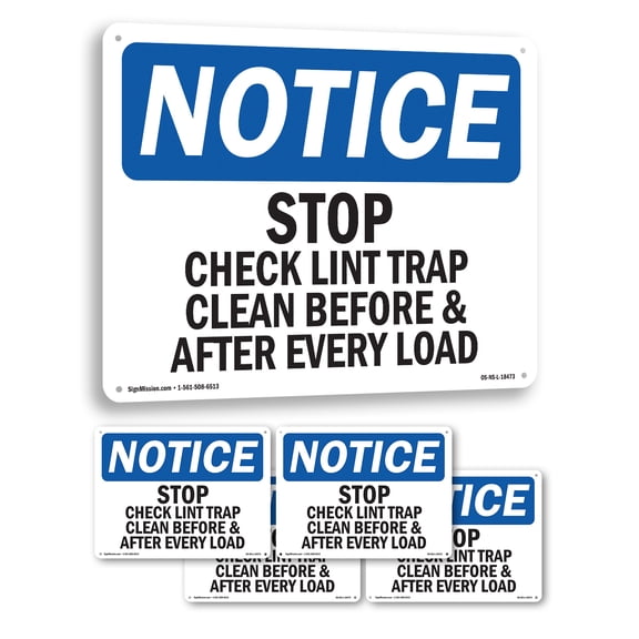 Stop Check Lint Trap Clean Before & After OSHA Notice Aluminum Sign 14 Inch x 10 Inch - 5 Pack
