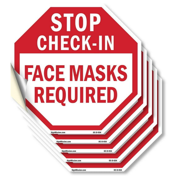 Stop Check-in Face Masks Required (5 Pack) 6 inch X 6 inch Octagon Vinyl Label Decal Sticker Weather Resistant, UV Protected for Workplace, Private Property, and Construction Site, Made