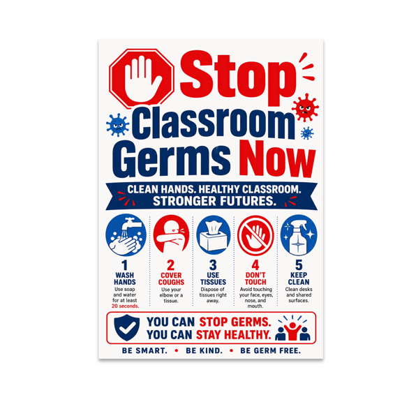 Stop Classroom Germs Now - Classroom Decor - 13x19 Poster Print