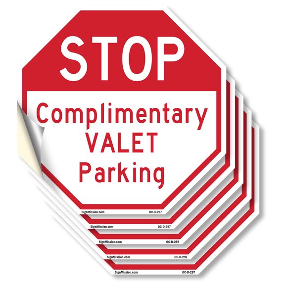 Stop Complimentary Valet Parking (5 Pack) 4 inch X 4 inch Octagon Vinyl Label Decal Sticker Weather Resistant, UV Protected for Workplace, Private Property, and Construction Site, Made