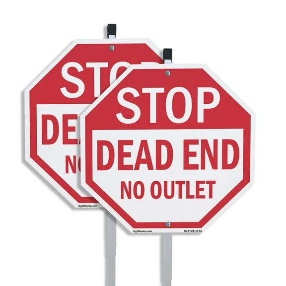 Stop Dead End No Outlet (2 Pack) 10 inch X 10 inch Octagon Plastic Signs with Aluminum Mounting Stakes Weather Resistant UV Protected for Workplace Private Property and Construction