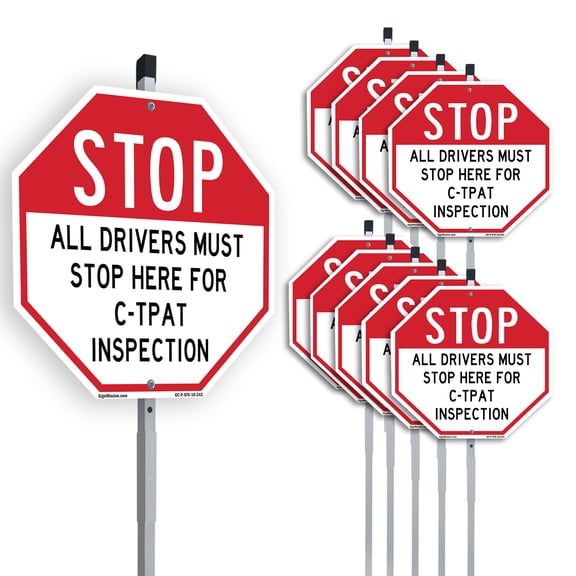 Stop All Drivers Must Stop Here For С-трат Inspection (10 Pack) 10 inch X 10 inch Octagon Rust Free Aluminum Metal Signs with Aluminum Mounting Stakes Weather Resistant UV Protected for