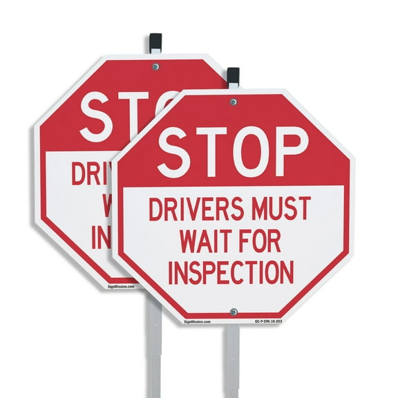 Stop Drivers Must Wait for Inspection (2 Pack) 10 inch X 10 inch Octagon Plastic Signs with Aluminum Mounting Stakes Weather Resistant UV Protected for Workplace Private Property and