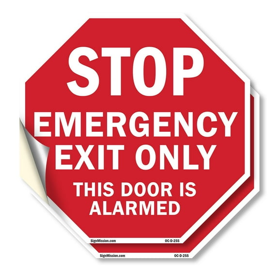 Stop Emergency Exit Only This Door Is Alarmed (2 Pack) 6 inch X 6 inch Octagon Vinyl Label Decal Sticker Weather Resistant, UV Protected for Workplace, Made in the USA