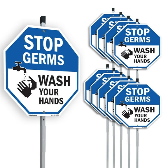 Stop Germs Wash Your Hands (10 Pack) 10 inch X 10 inch Octagon Plastic Signs with Aluminum Mounting Stakes Weather Resistant UV Protected for Workplace Private Property and Construction