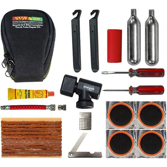 Stop & Go 100 27 Piece Bicycle Repair & Inflation Kit for Tubeless and Tube-Type Tires Works on BMX, XC, Mountain, Road, Gravel, & E-Bikes (4 Patches & 10 Rope Plugs)