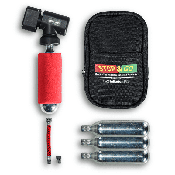 Stop & Go 1090A- 7 Piece Tire Inflation Kit with 4 CO2 Canisters, Hose, Sleeve, and Storage Bag for Flats on Motorcycles, ATVs, Lawn Mowers, Golf Carts, and Utility Trailers
