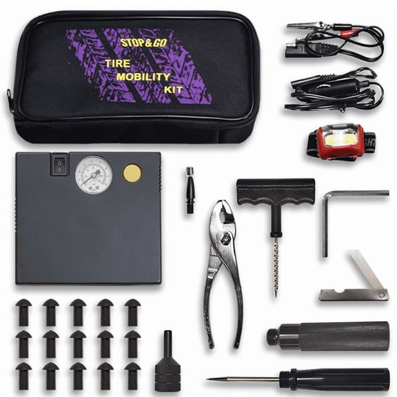 Stop & Go 5001 24 Piece Tubeless Mushroom Plug Tire Mobility Repair Kit & Air Compressor for Punctures & Flats on Car, Trucks, Trailers, & ATV (15 Plugs)