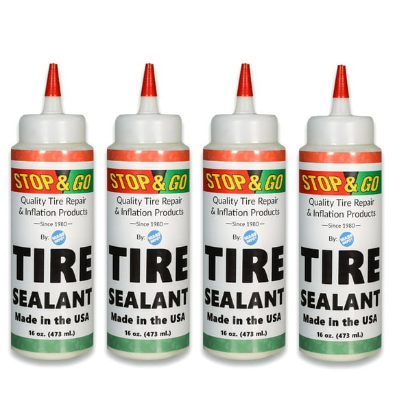 Stop & Go Tire Sealant Premium Flat Preventative Made in The USA (16 oz) 4 Pack - Prevents Flats & Repairs Punctures for Tube or Tubeless Tires on Bikes, ATVs, Cars, and More