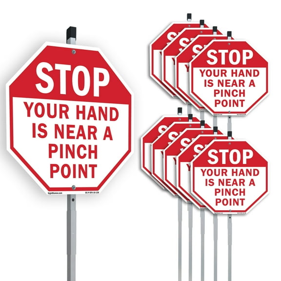 Stop Your Hand Is Near a Pinch Point (10 Pack) 10 inch X 10 inch Octagon Aluminum Metal Signs with Aluminum Mounting Stakes Weather Resistant UV Protected for Workplace Private Property