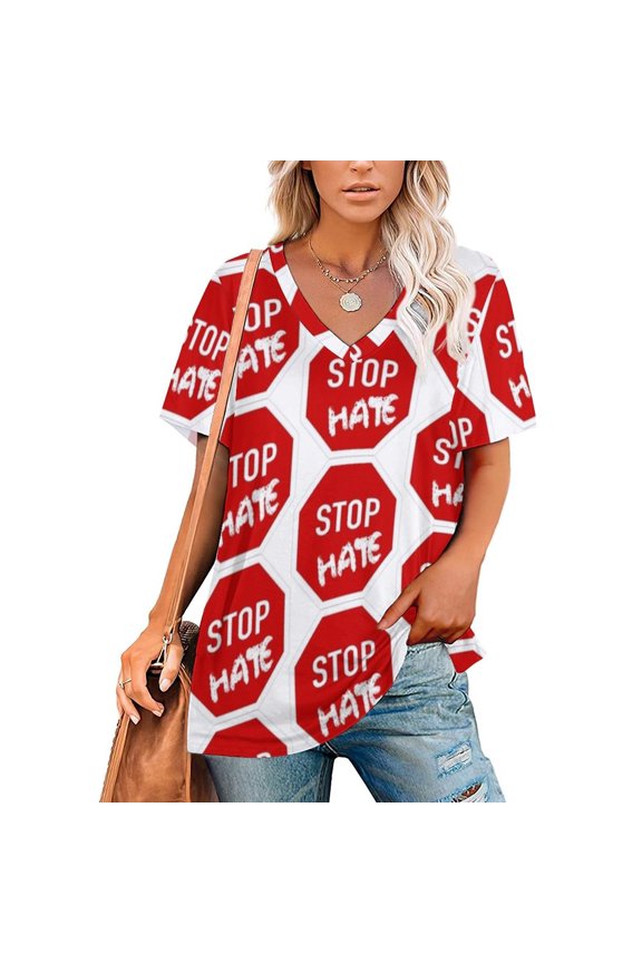 Stop Hate Street Sign ~ Traffic Stop Sign With Word " Hate " In Ruffle Short Sleeve T Shirt Women Summer T Shirts V Neck Tee