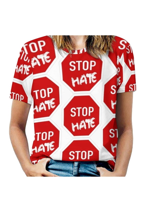 Stop Hate Street Sign ~ Traffic Stop Sign With Word " Hate " In Ruffle Short Sleeve T Shirt Women Summer T Shirts V Neck Tee