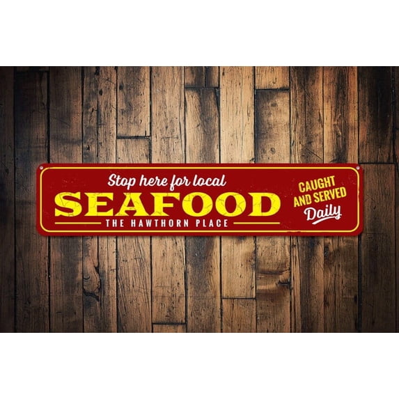 Stop Here Local Seafood Sign Family Name Beach House Sign Custom Metal Seafood Restaurant Sign - Sign Decor - Size: 16 x 4 Inches