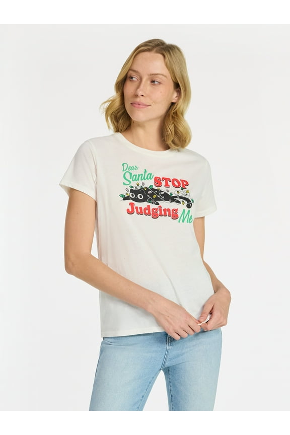 Christmas Women's Stop Judging Santa Graphic Tee with Short Sleeves, Sizes XXS-XXL