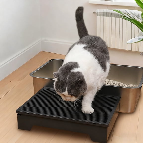 Stop Litter Tracking with this Adjustable Cat Litter Box Step,Height Adjustable Trapping Platform Fits High Sided Boxes,Easy Clean Kitty Litter Catcher Mat - Black