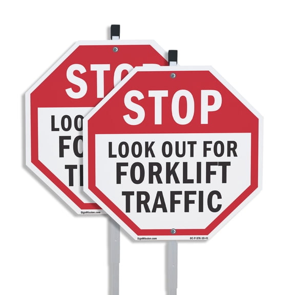 Stop Look Out for Forklift Traffic (2 Pack) 10 inch X 10 inch Octagon Plastic Signs with Aluminum Mounting Stakes Weather Resistant UV Protected for Workplace Private Property and