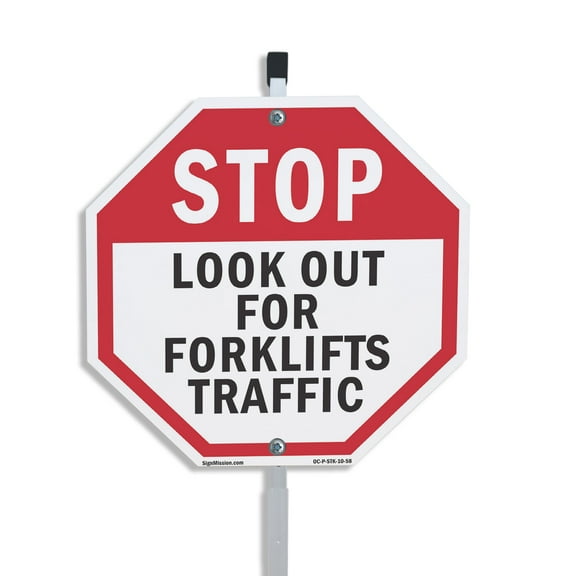 Stop Look Out for Forklifts Traffic 10 inch X 10 inch Octagon Plastic Sign with Aluminum Mounting Stake Weather Resistant UV Protected for Workplace Private Property and Construction