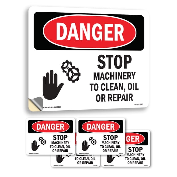 Stop Machinery To Clean Oil Or Repair OSHA Danger Vinyl Decal Label 5 Inch x 3.5 Inch - 5 Pack