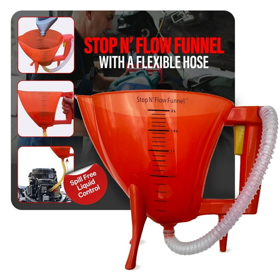 Stop N' Flow Funnel With Flexible Hose, Spill Free Liquid Control, 2 QT