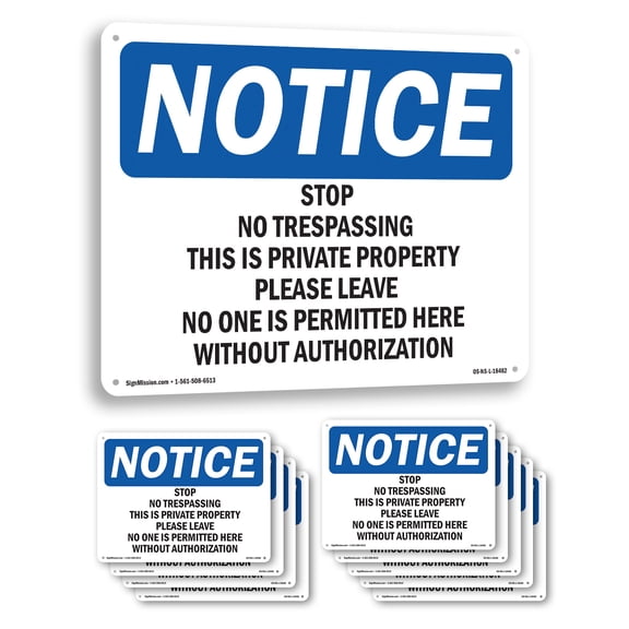 Stop No Trespassing This Is Private Property OSHA Notice Aluminum Sign 10 Inch x 7 Inch - 10 Pack