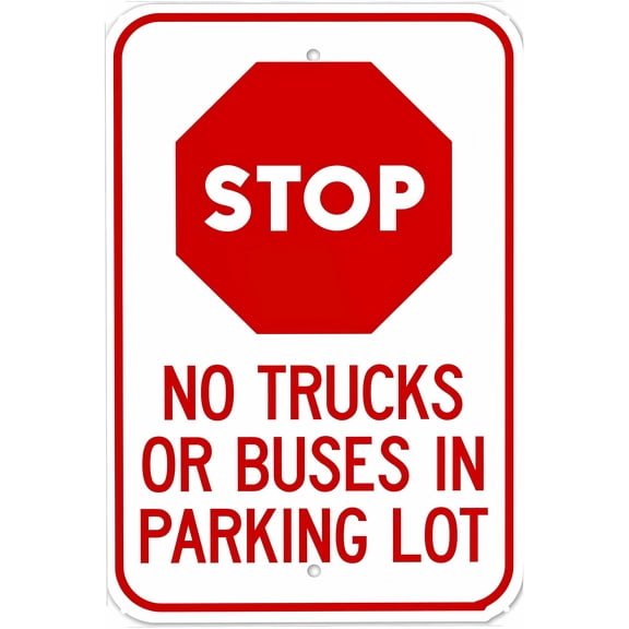 Stop No Trucks Or Buses in Parking Lot Sign - 8"x12" Vintage Metal Warning Sign, Parking Restriction Decor for Home Farm Bar Coffee Shop Club Garage