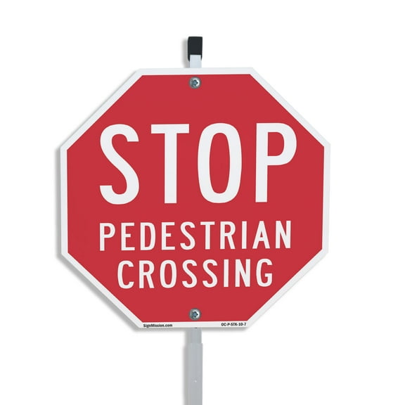 Stop Pedestrian Crossing 10 inch X 10 inch Octagon Plastic Sign with Aluminum Mounting Stake Weather Resistant UV Protected for Workplace Private Property and Construction Site Made in